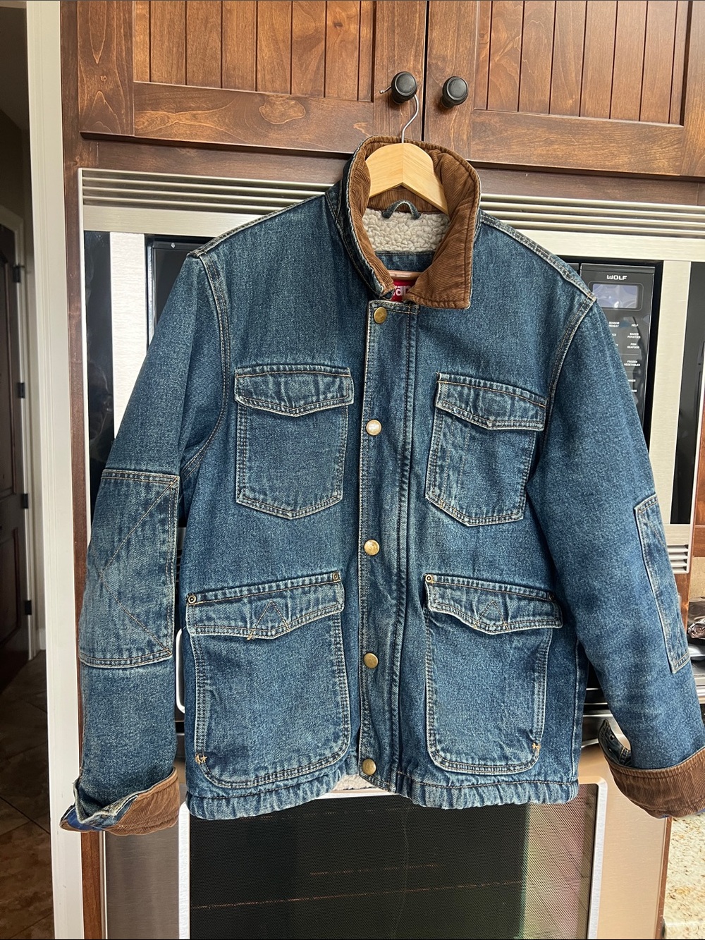 VINTAGE MENS WRANGLER SHERPs lined denim barn jacket corduroy collar 90’s CHORES